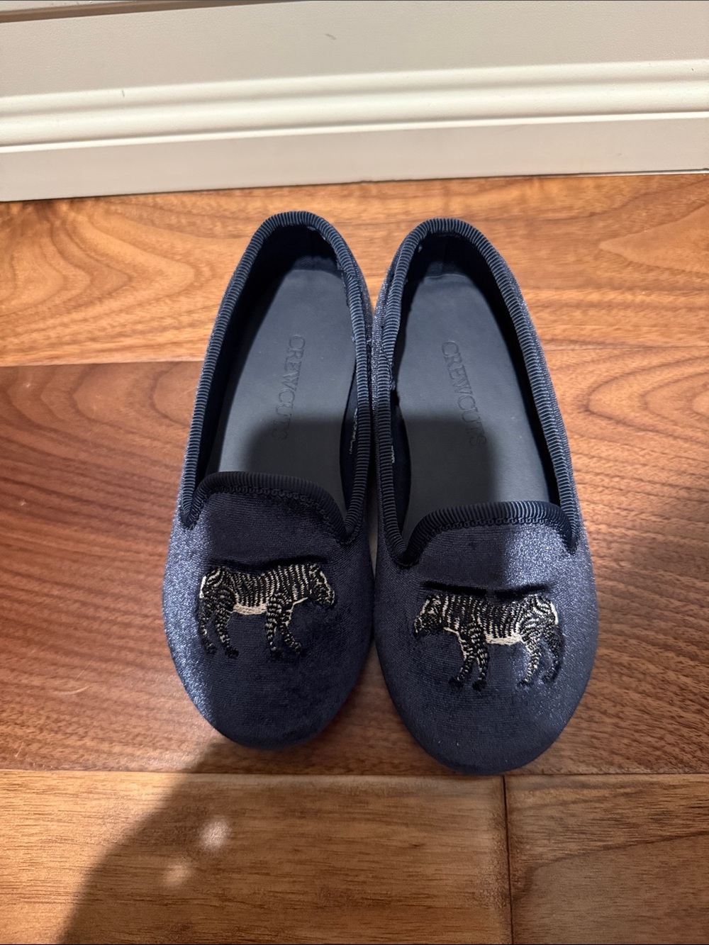 Crewcuts Kids Navy Velvet Loafers with Zebra Embroidery
